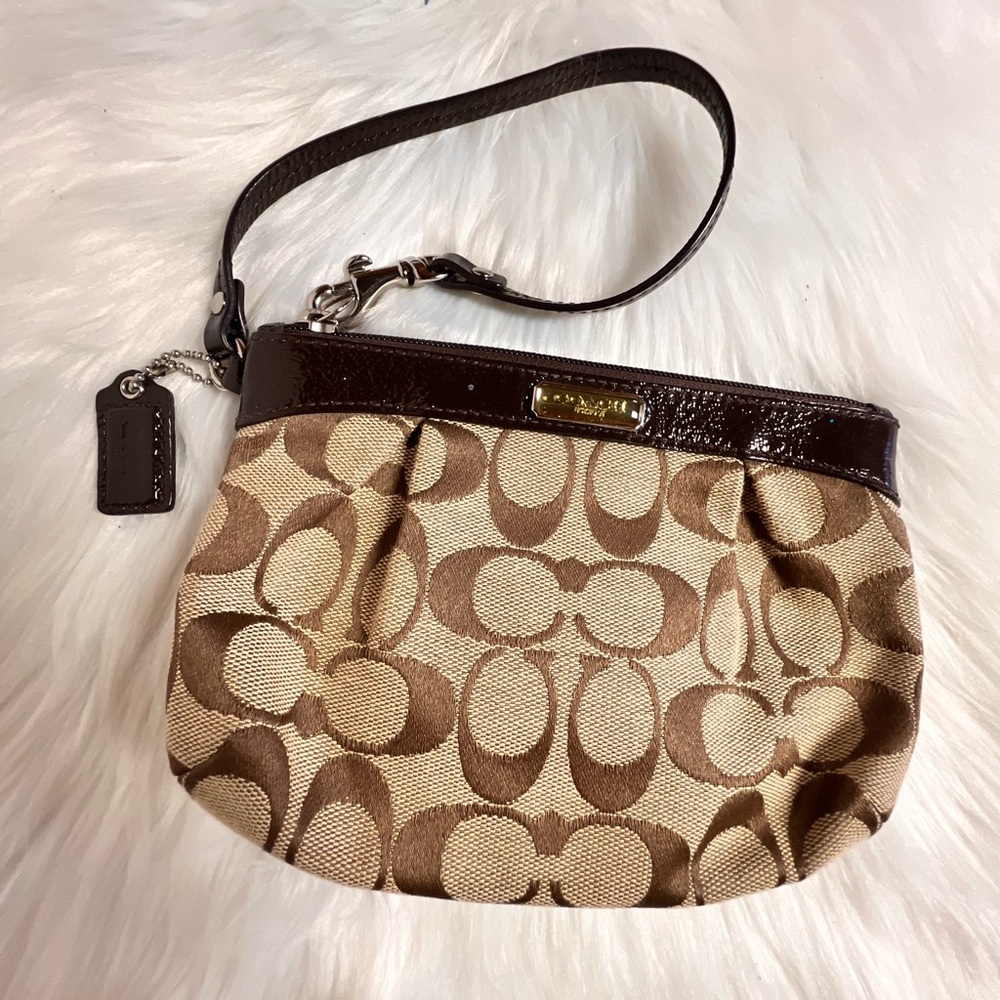 Coach Signature Brown and Tan Wristlet